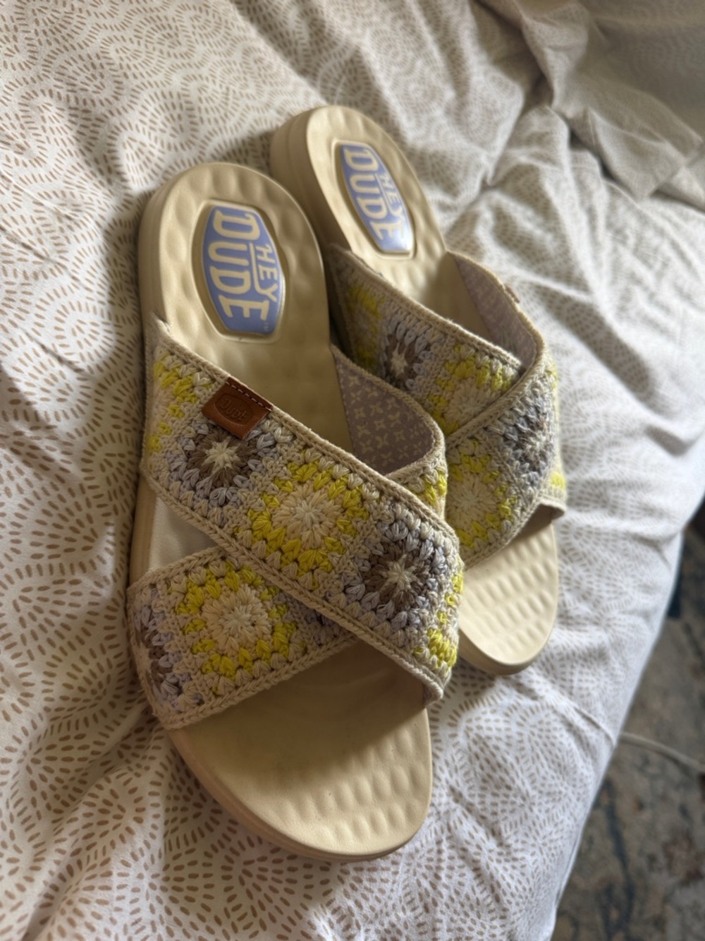 Hey Dude Crochet Crossband Slides in Cream, Yellow & Gray